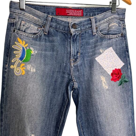 Guess Jeans Flared Bootcut Low Rise Embroidered Destroyed Flared Jeans Size 28 - Picture 3 of 10